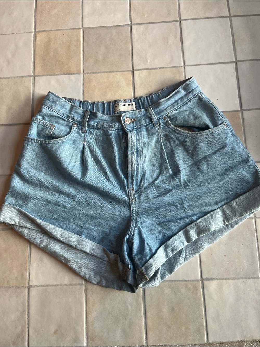 Free People Light Blue High-Rise Rolled-Hem Denim Shorts